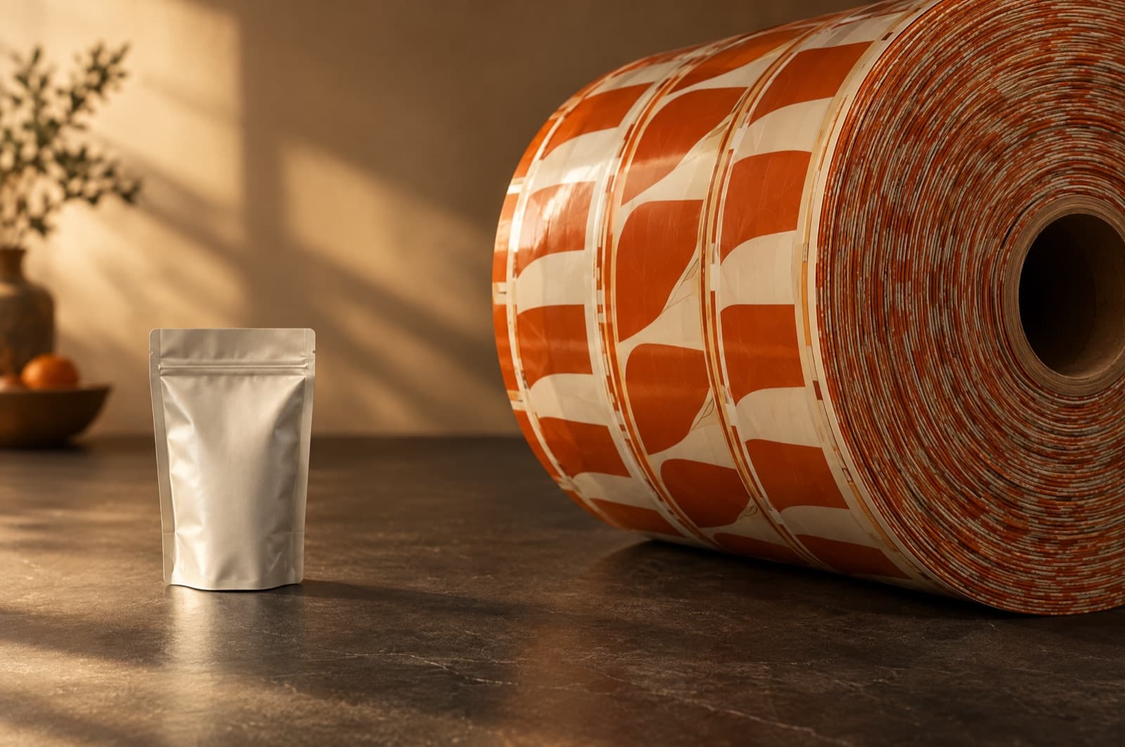 A reel of printed pouch laminate on a dark worktop beside a single plain unprinted pouch
