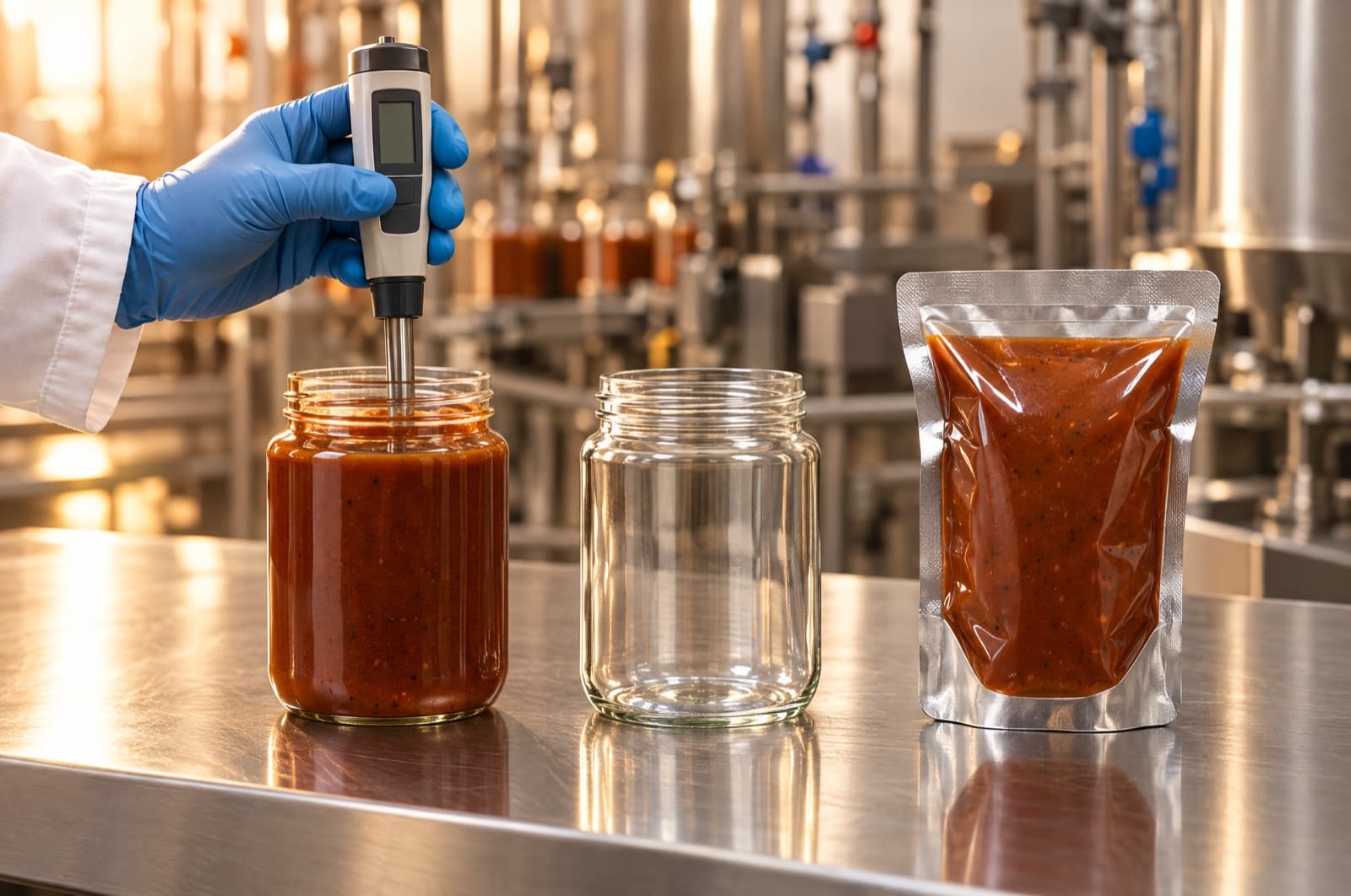 A gloved technician's hand holding a digital pH meter probe in an open jar of gravy on a stainless steel factory bench, an empty glass jar and a sealed retort pouch of the same gravy lined up beside it