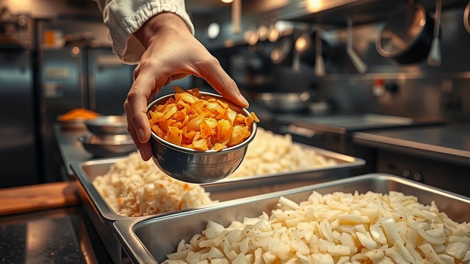 A chef in a commercial kitchen weighing a small bowl of golden fried onion beside a large stainless tray of raw chopped onion, warm evening light