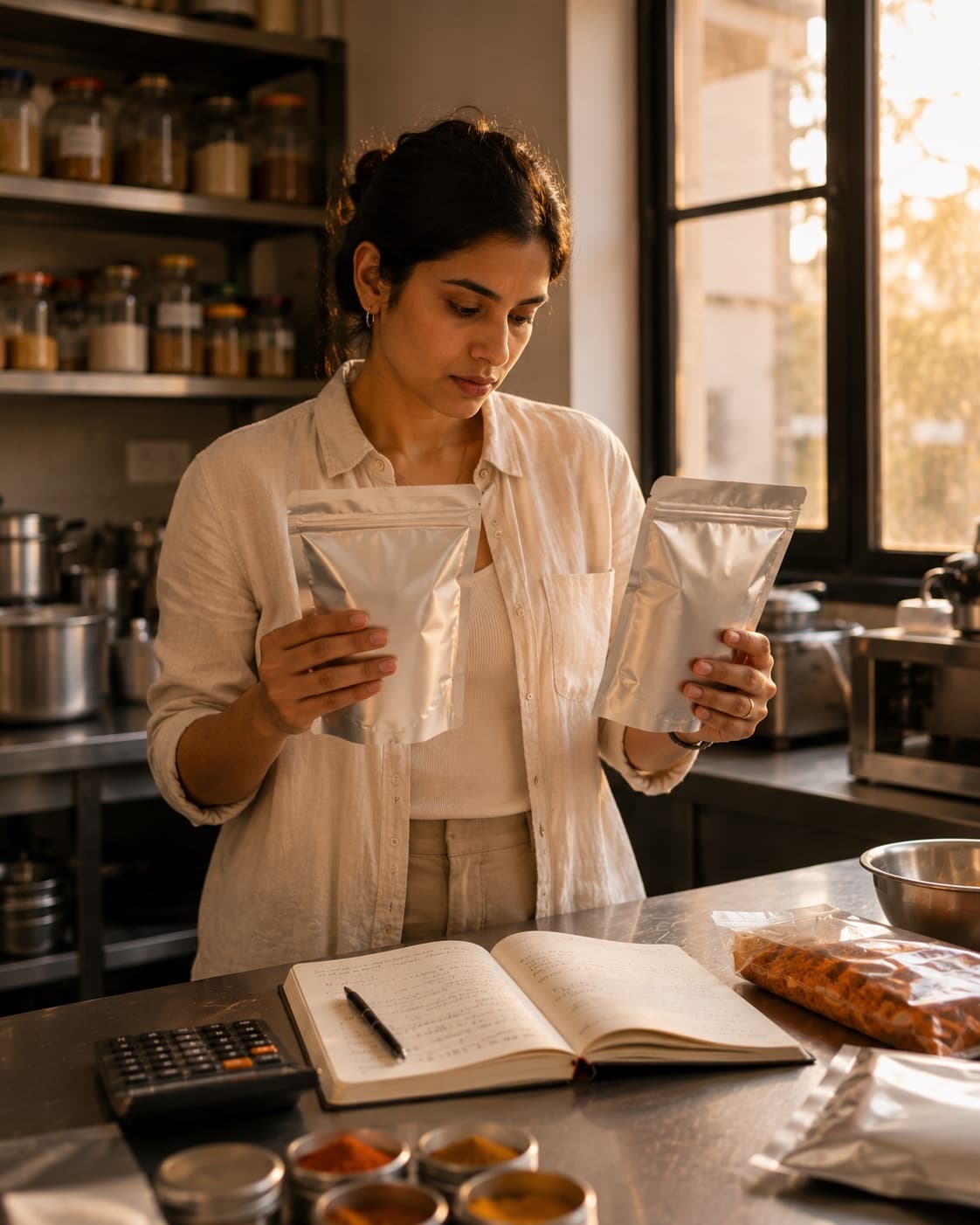 A food brand founder in a small commercial kitchen comparing two unbranded silver pouches, shelves of spice jars behind her in warm evening light