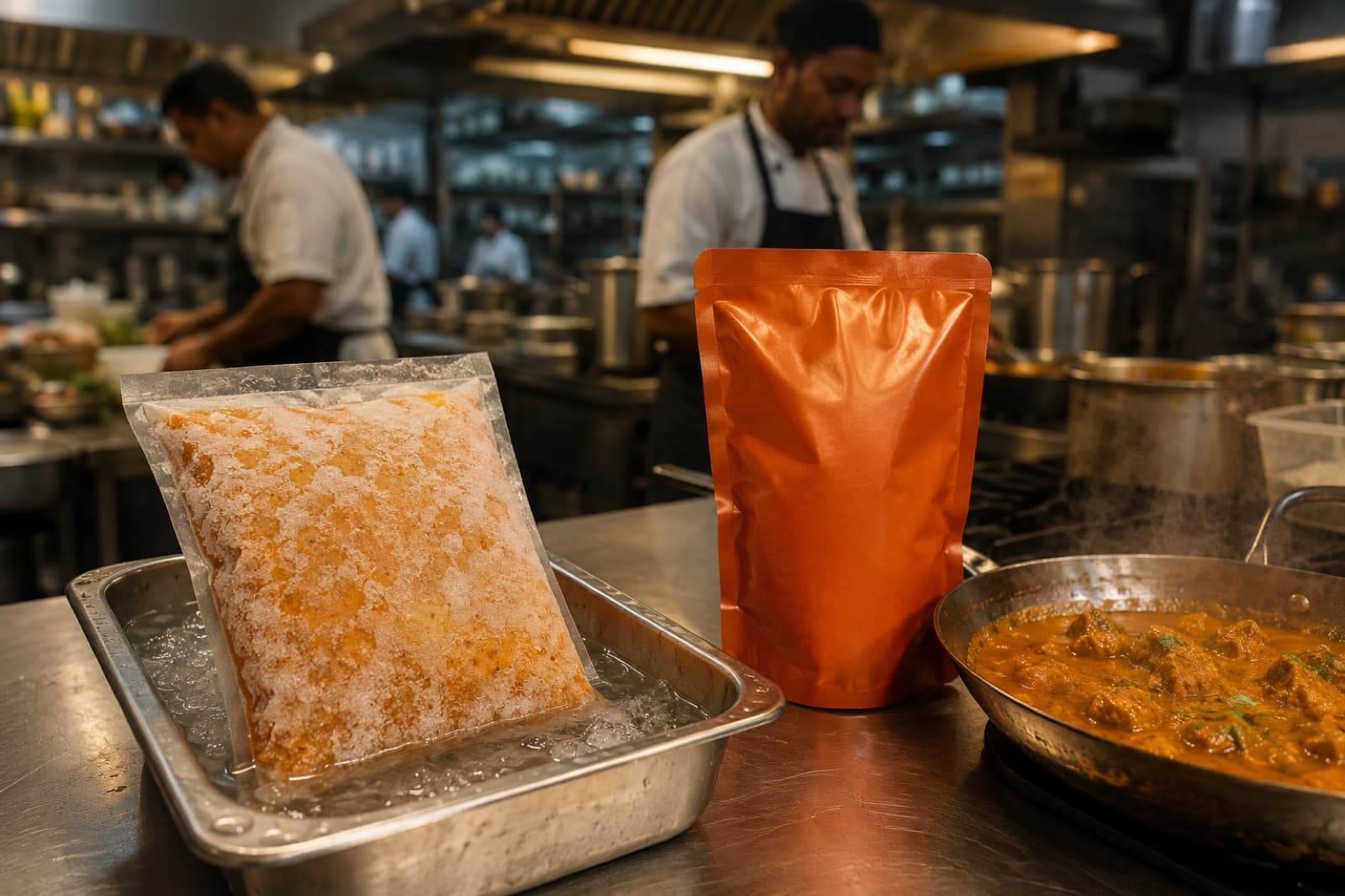 In a commercial kitchen, a frozen gravy pouch thawing in an ice tray beside a shelf-stable retort pouch and a pan of finished curry