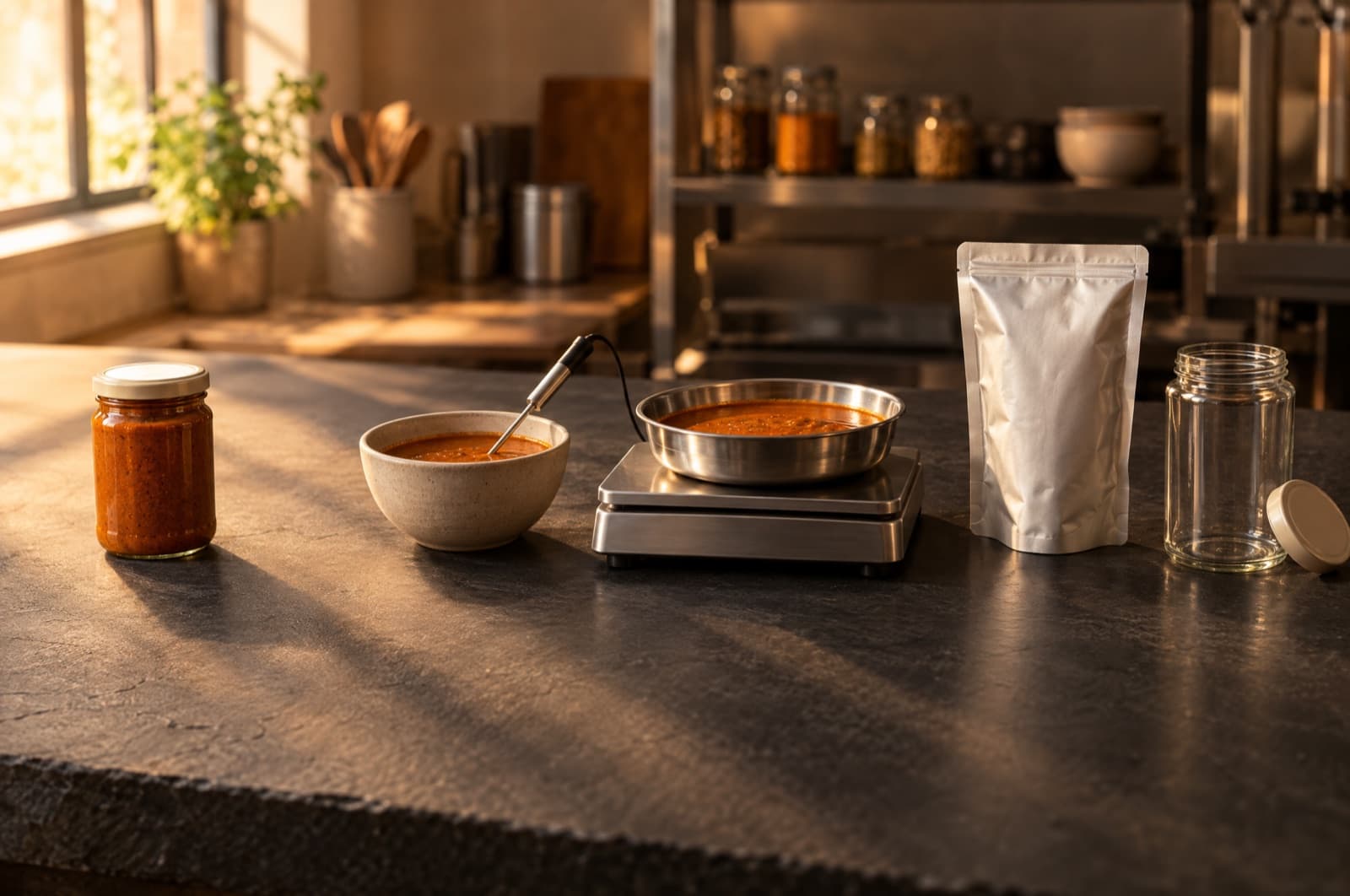 A single home-made jar of gravy alone on a dark slate worktop in a commercial kitchen, and along the rest of the bench what pricing it takes — the same gravy with a pH probe in it, a weighed sample on a balance, and an empty retort pouch and glass jar waiting