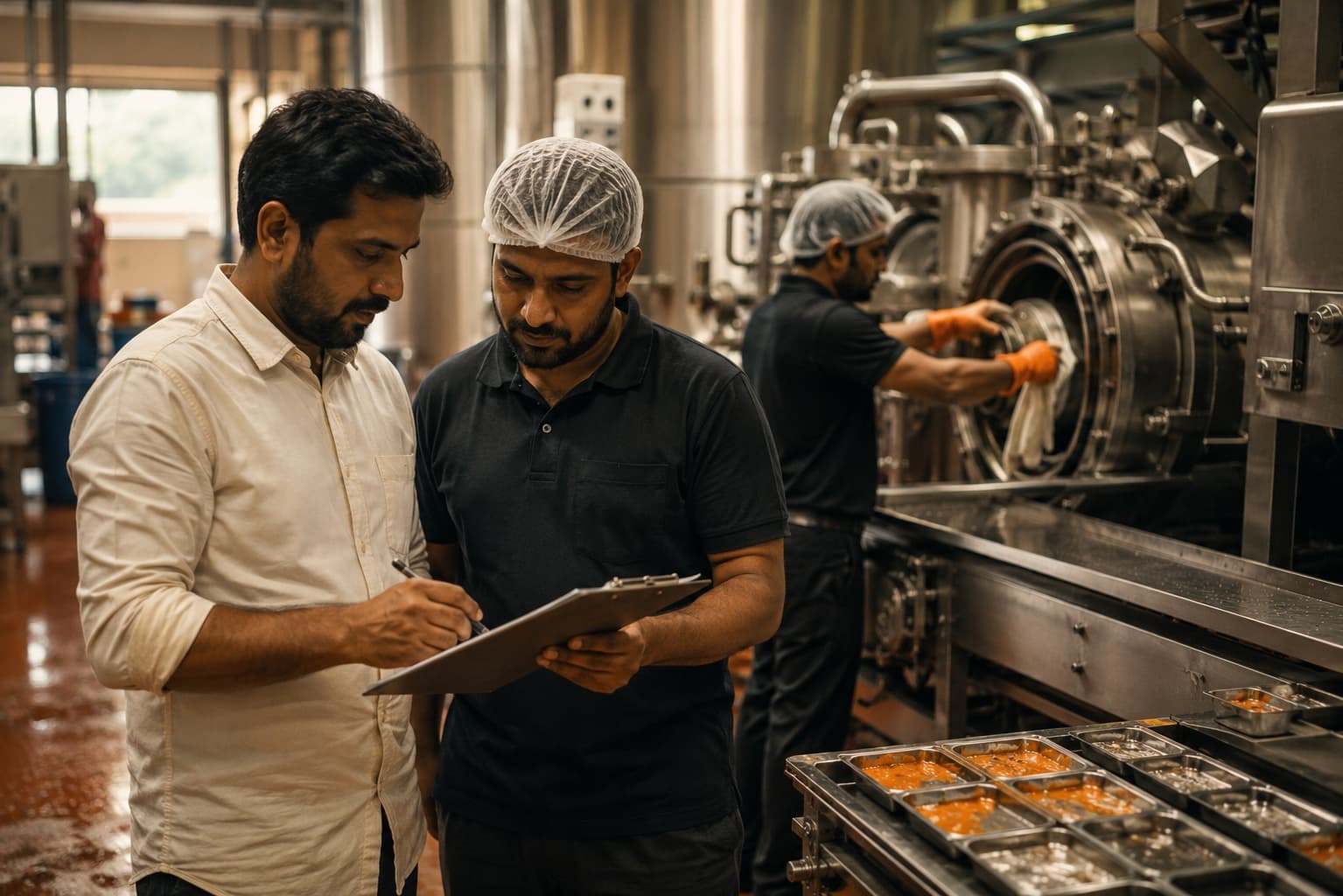A food brand founder and a plant manager reviewing a production schedule on a clipboard on the factory floor, a technician cleaning a retort machine during a line changeover in the background, trays of filled gravy pouches in the foreground