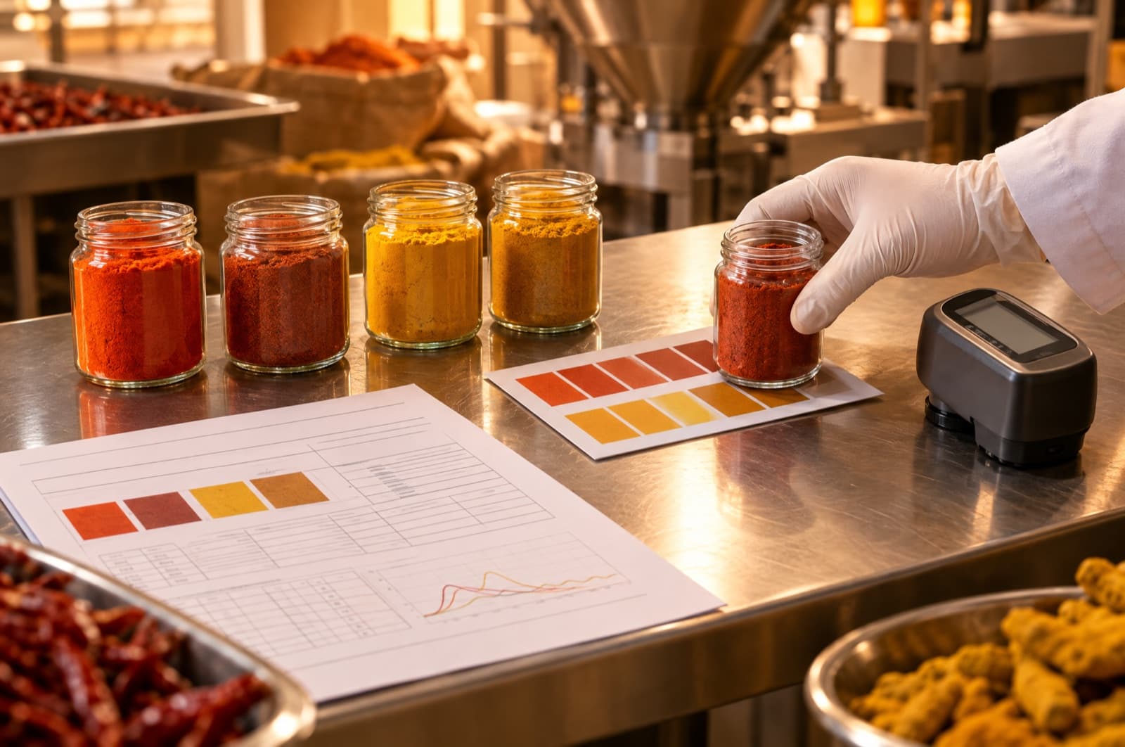 Jars of chilli powder and turmeric from different lots on a stainless steel QC bench in a spice facility, visibly different shades of red and yellow, next to a colour reference card, a certificate of analysis sheet and a colorimeter, a gloved hand comparing a jar against the reference card