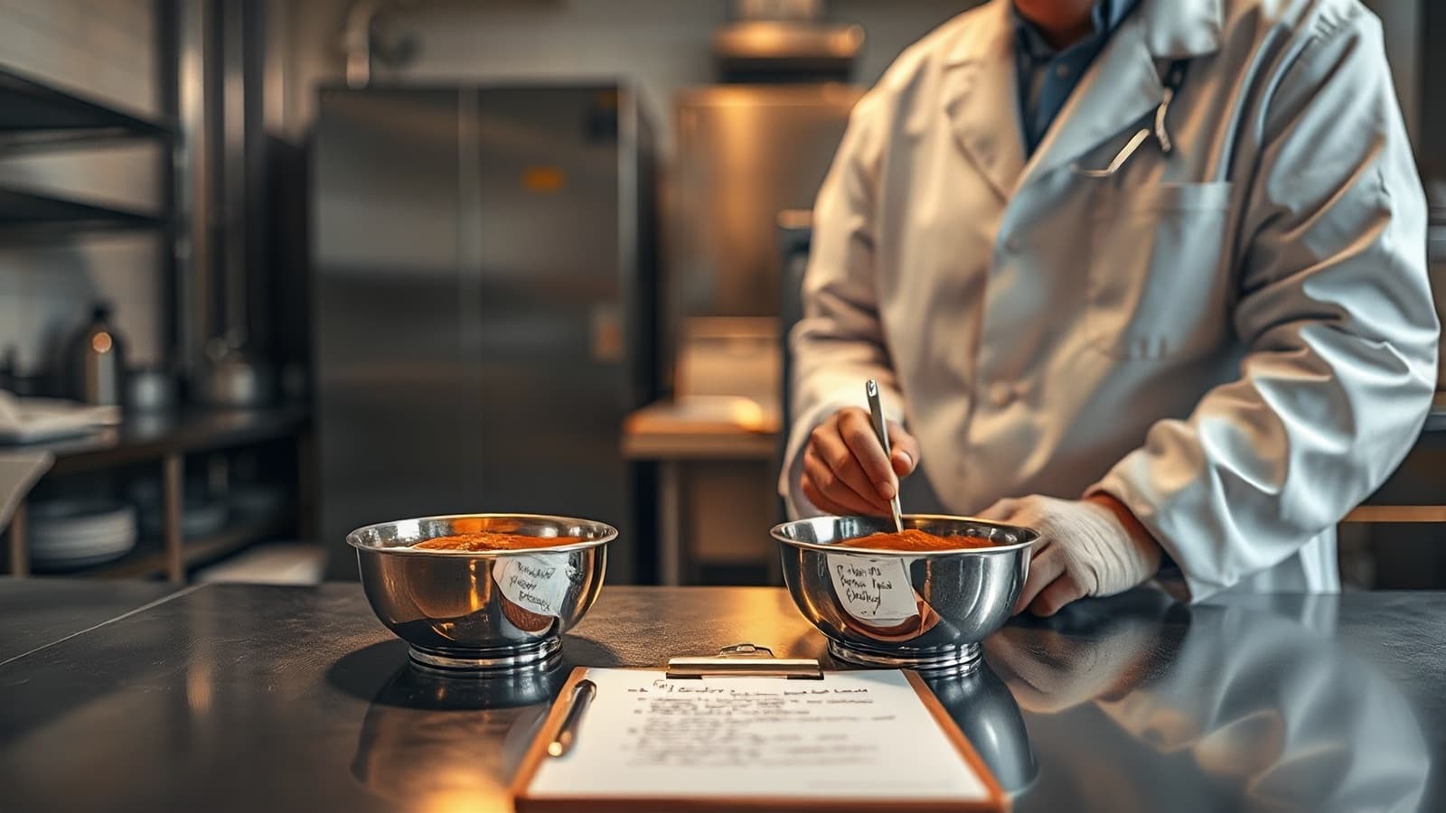 A founder and a food scientist tasting a small steel bowl of gravy together at a stainless steel workbench in a commercial test kitchen, notes and a clipboard on the counter beside them