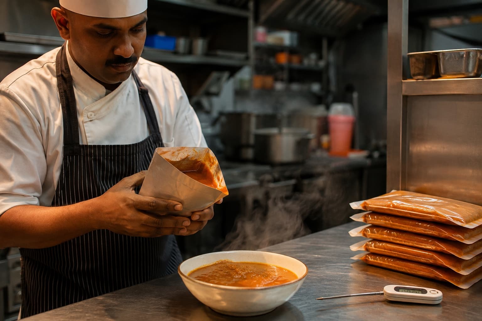 A chef in a commercial kitchen holding an open retort pouch of gravy over a steel prep counter, a stack of unopened pouches and a thermometer nearby