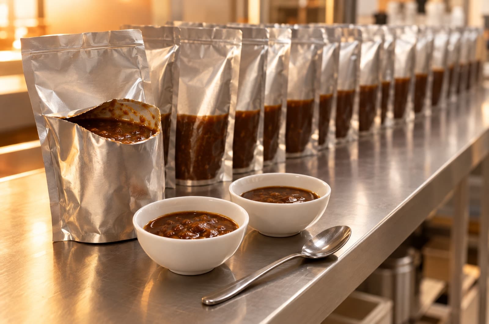 A long row of identical unlabelled retort pouches of gravy on a steel bench, one cut open beside two matching white bowls and a tasting spoon
