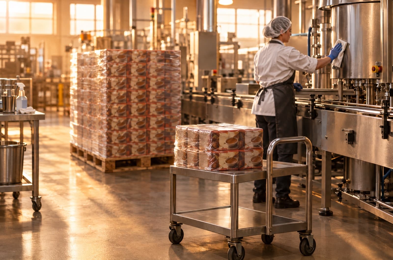 A technician mid-changeover wiping down stainless steel processing equipment on a factory line, a small trolley of shrink-wrapped gravy cartons parked in the foreground next to a much larger pallet of the same product queued behind it