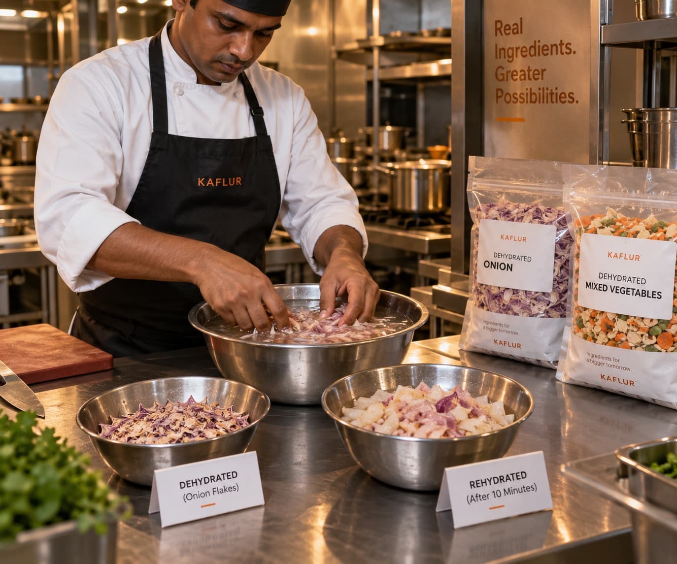 A chef in a Kaflur kitchen rehydrating onion flakes in a steel bowl, with side-by-side bowls labelled Dehydrated and Rehydrated After 10 Minutes, and Kaflur dehydrated onion and mixed vegetable pouches on the counter