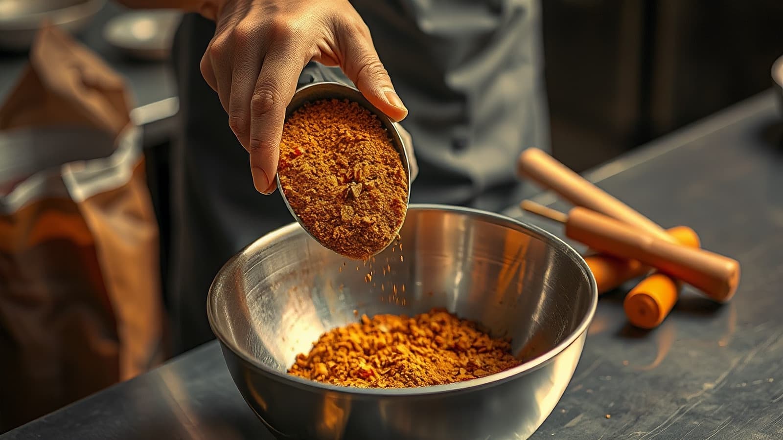 A chef in a commercial kitchen scooping seasoning from a large bag into a steel bowl, spice jars and a spoon of chilli powder on the steel counter, warm kitchen light