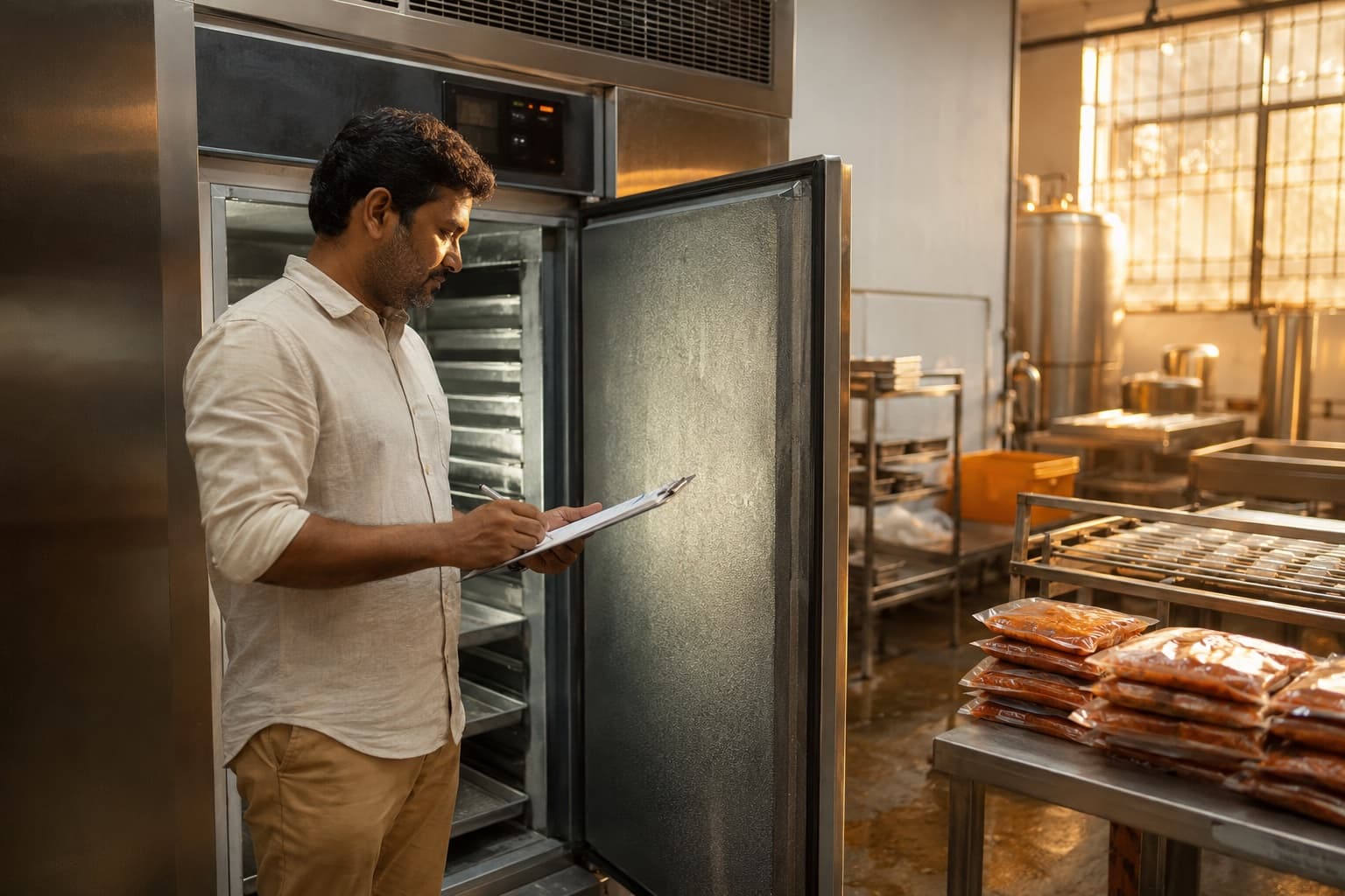 A food brand founder checking a clipboard beside an open stainless steel blast freezer in a production facility, packed pouches of gravy stacked on a steel table nearby in warm evening light