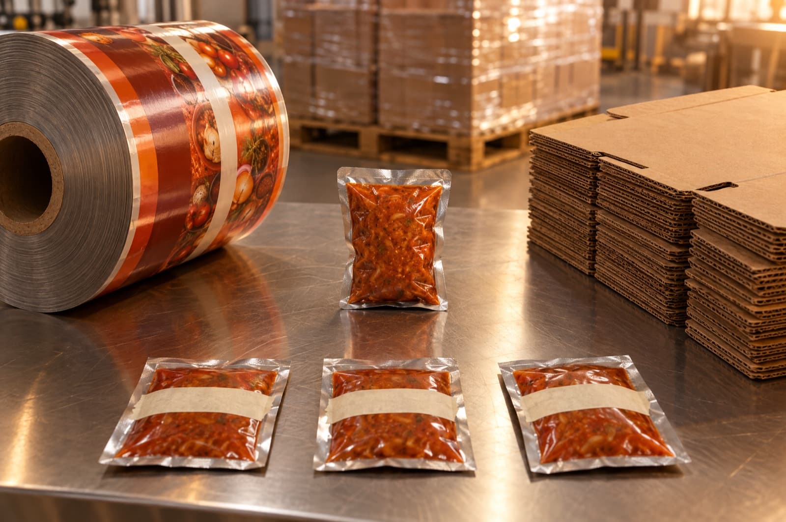 A single small foil pouch of tomato gravy on a steel factory bench, dwarfed by a reel of printed laminate, a stack of flat corrugated cartons, three retained sample pouches and a wrapped pallet behind