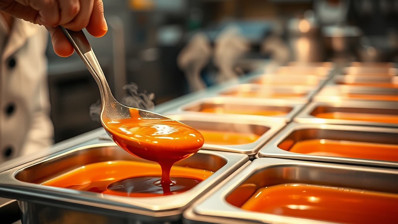 A chef's hand ladling glossy orange-red gravy from a stainless steel bain-marie insert on a restaurant steam table, with more gravy inserts lined up along the pass