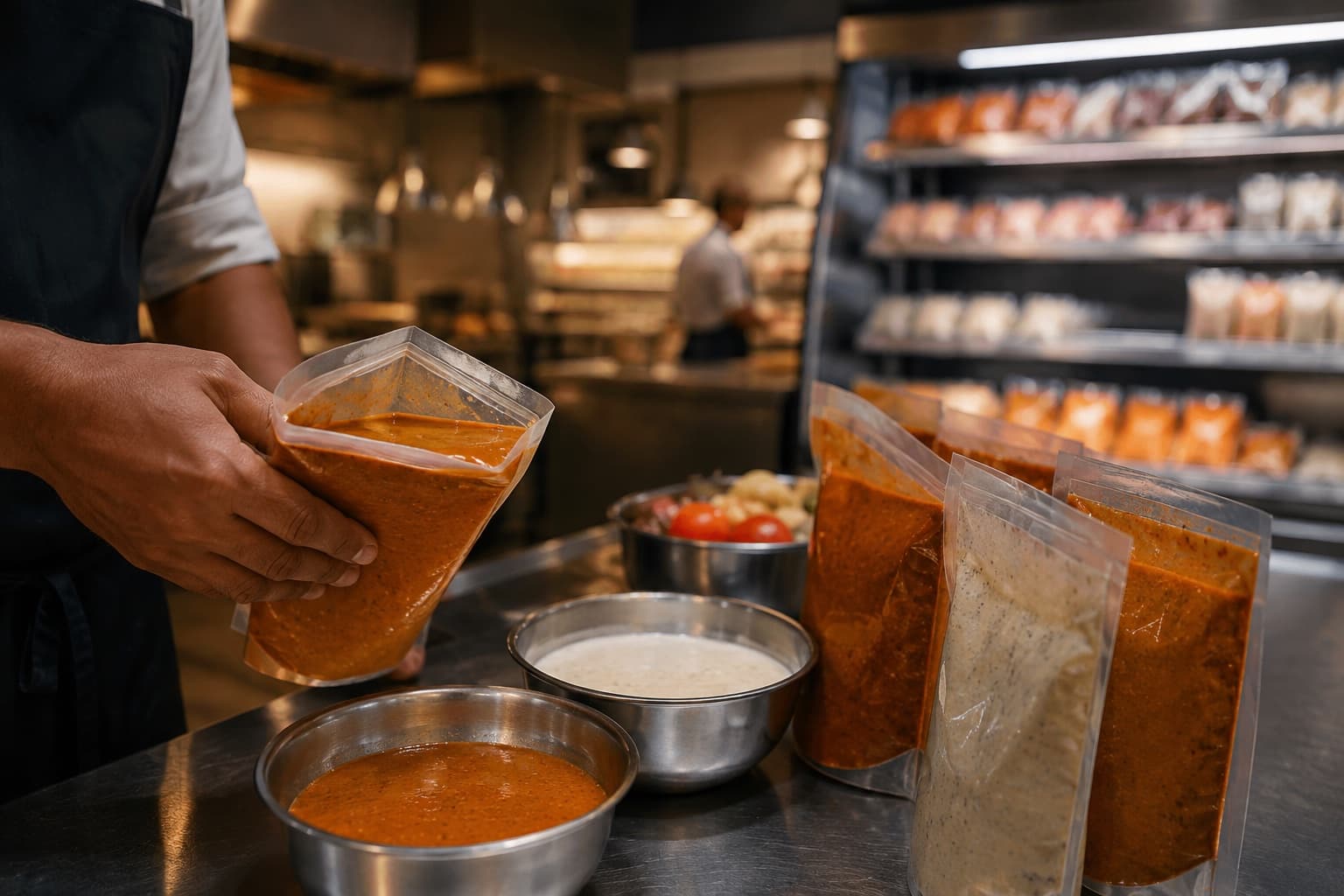 A chef's hands holding an open pouch of dip over steel bowls on a kitchen counter, more sealed dip pouches lined up beside a chilled display case in the background